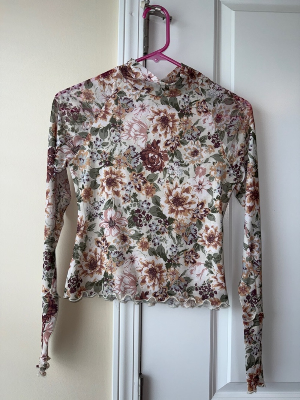Promesa Floral Mock Neck Long Sleeve Top - Cream, Brown & Green